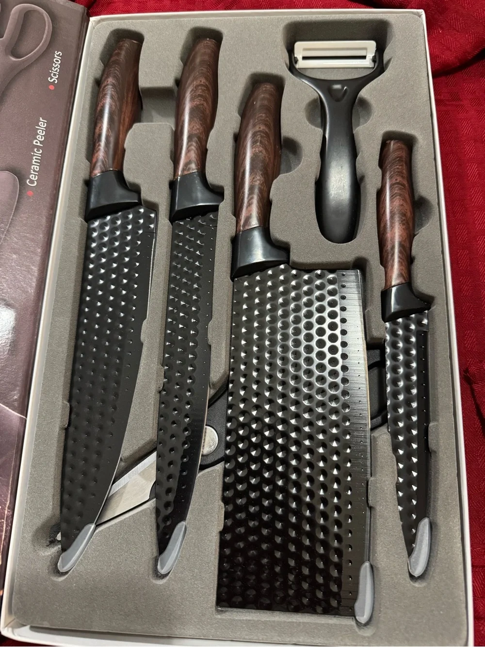 Hessem Black Hammered Blade Knife Set with Wood-Grain Handles